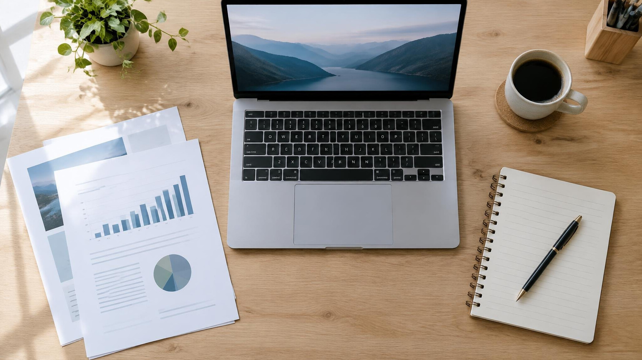 Notebook and documents on a desk with a laptop