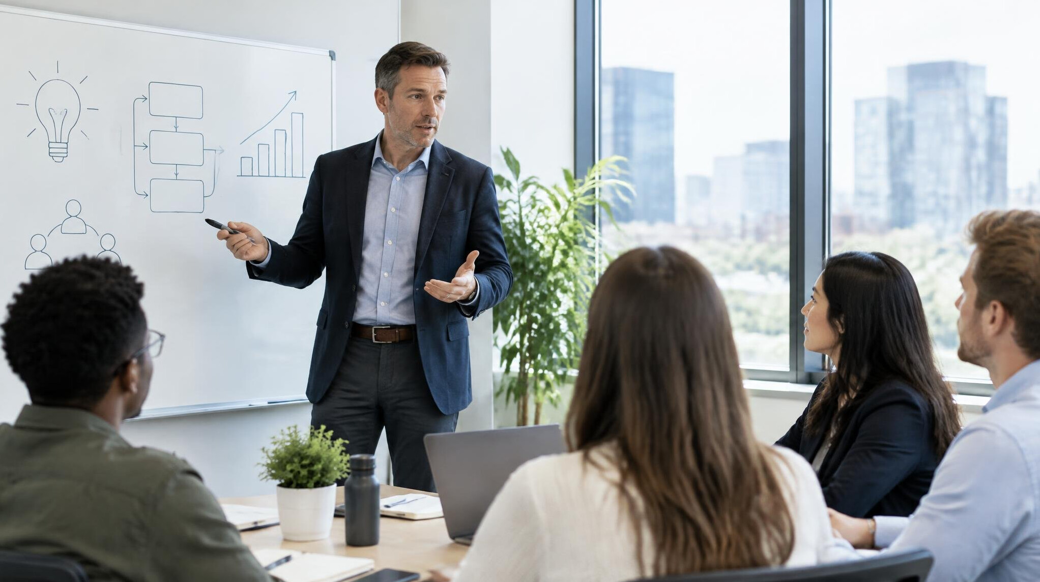 Manager leading a team meeting in an office